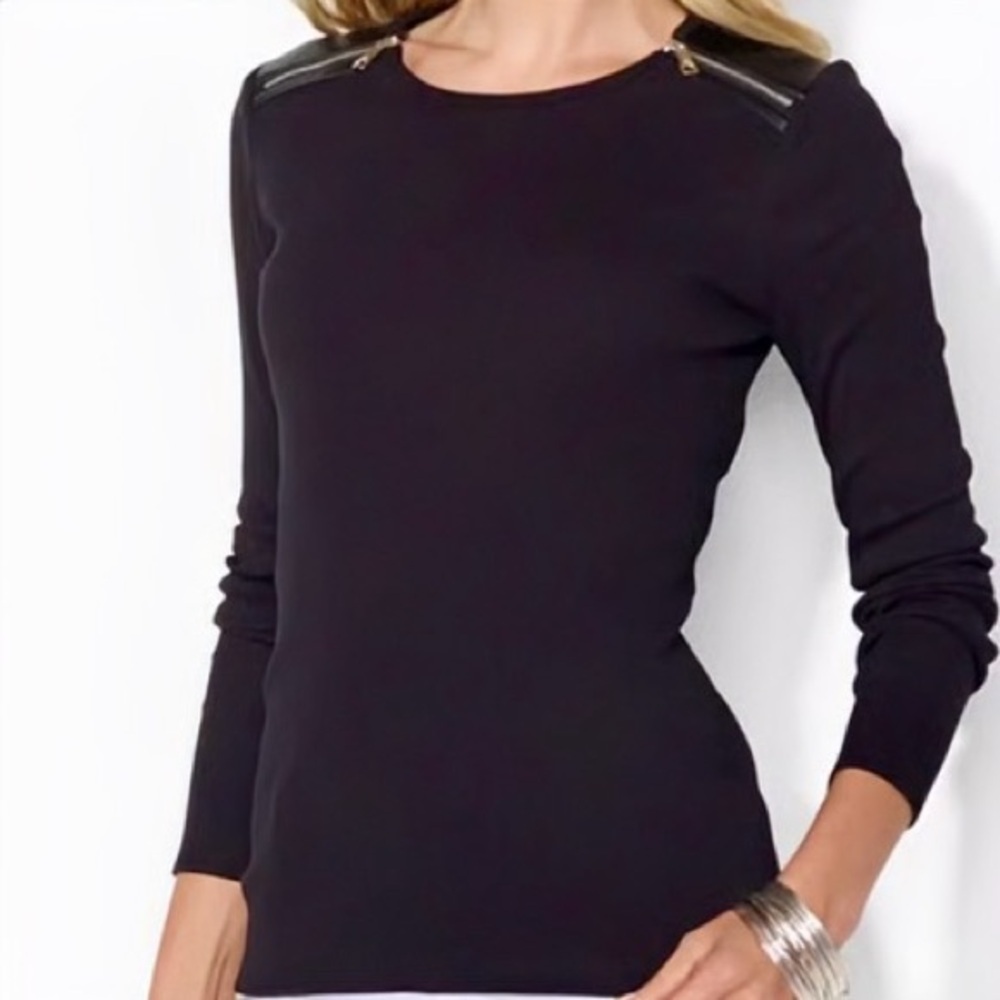 Lauren Ralph Lauren Black Ribbed Cotton Long-Sleeve Shirt with Zip Shoulders M